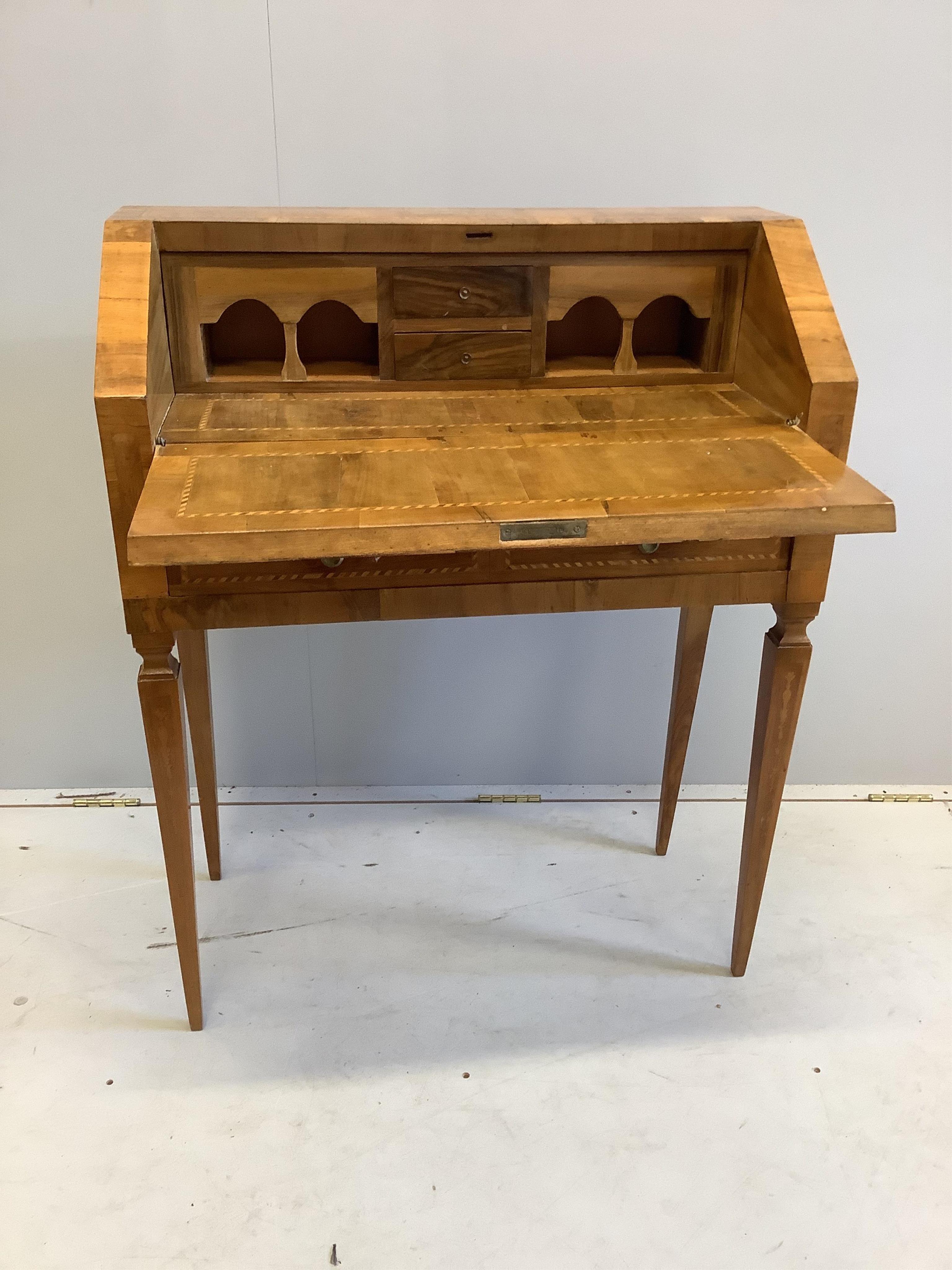 An Italian inlaid walnut and marquetry bureau, width 78cm, depth 36cm, height 97cm. Condition - good